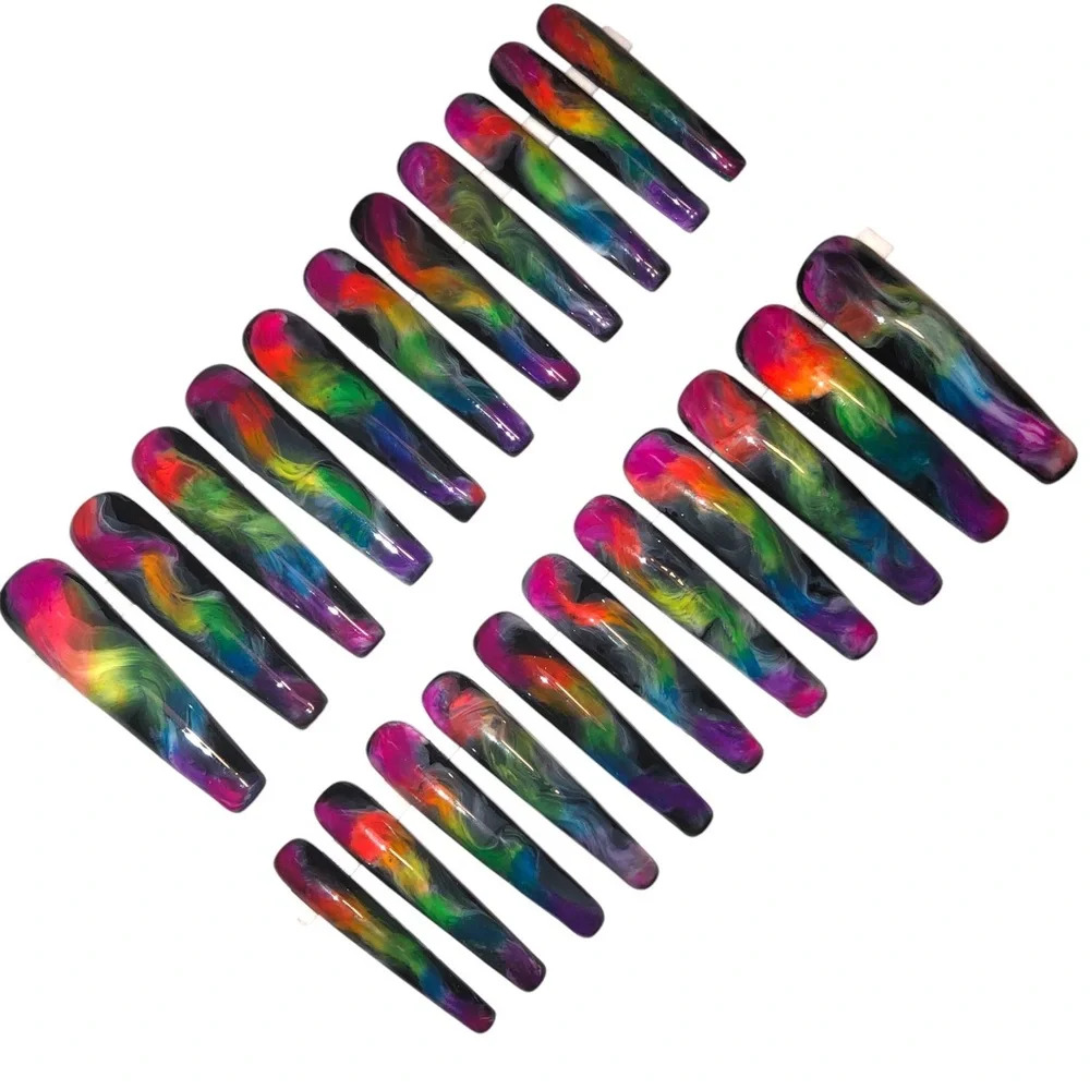 Custom Handmade Set of 22 Press On Nails 2X Long Coffin Shape Black & Ne… - Picture 6 of 9